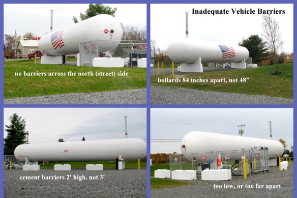 collage of photos showing the inadquacy of vehicle barriers at the Long Energy propane facility in Duanesburg NY